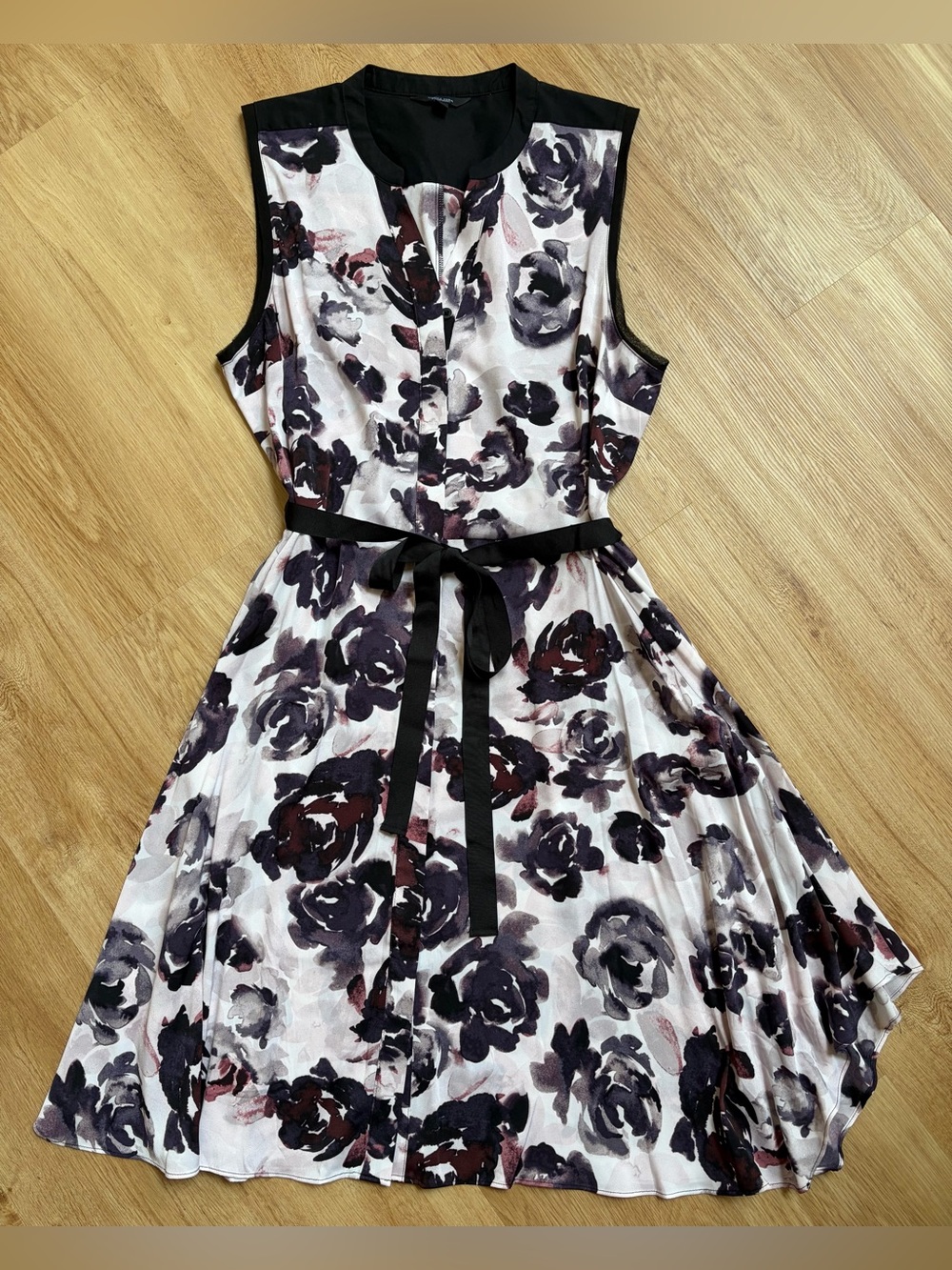 Simply Vera Wang Purple Floral Midi Dress Black Ribbon sleeveless split neck XL